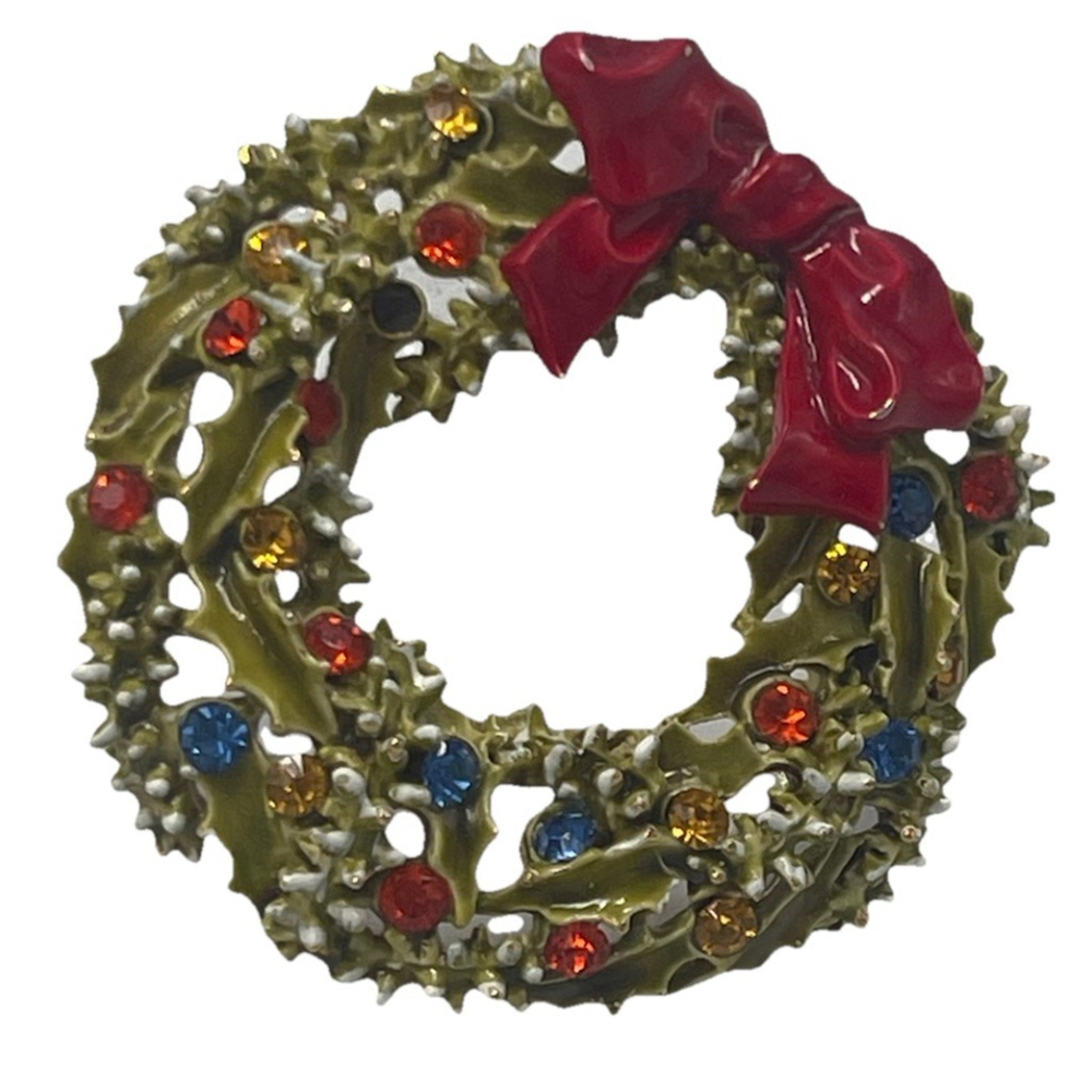ART Goldtone Enamel Rhinestone Christmas Wreath Brooch Pin MCM Vintage Signed